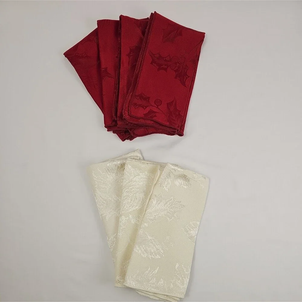 Lot of 7 Essential Home Cloth Napkins Red Cream Jacquard Polyester Holiday